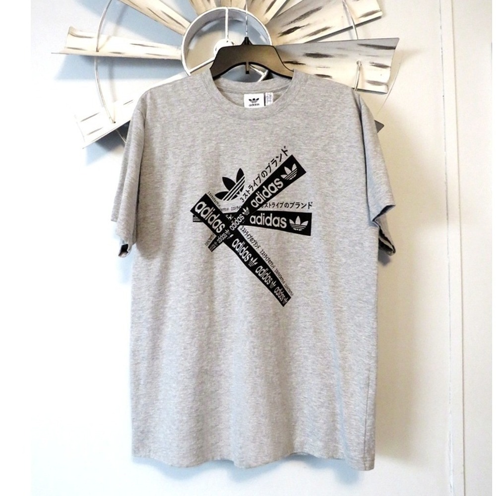 Adidas Original Trefoil Logo Graphic‎ Tee Gray Japanese Script Men's Size Large